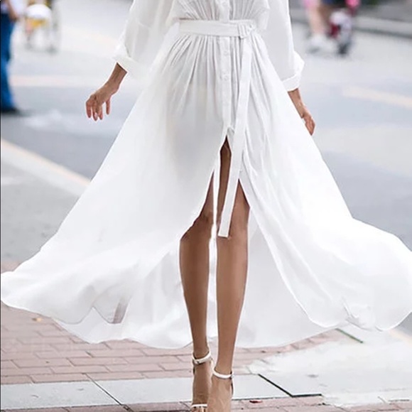 Dresses & Skirts - Button Down Collar Roll Up Sleeve Half Sleeve Maxi